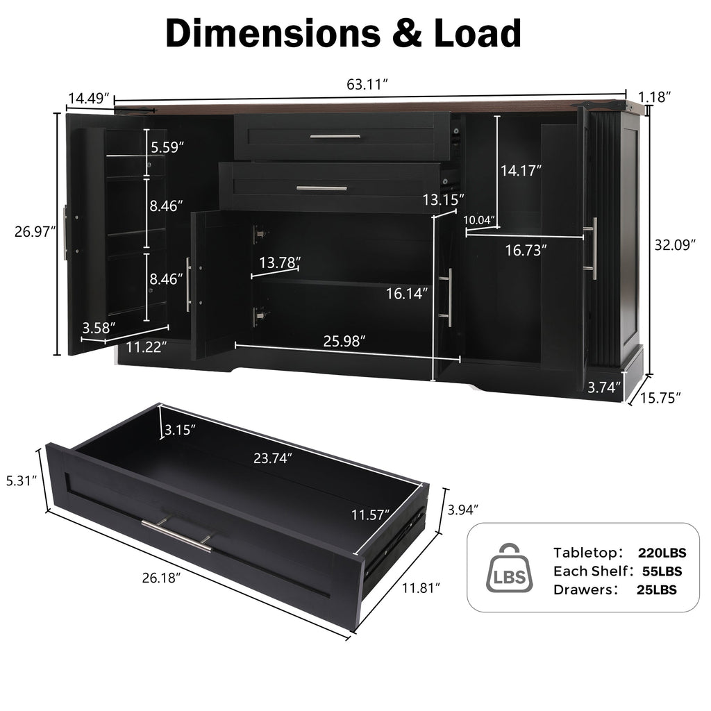 63" Farmhouse Barn Door Storage Cabinet with Drawers - Rustic MDF Sideboard