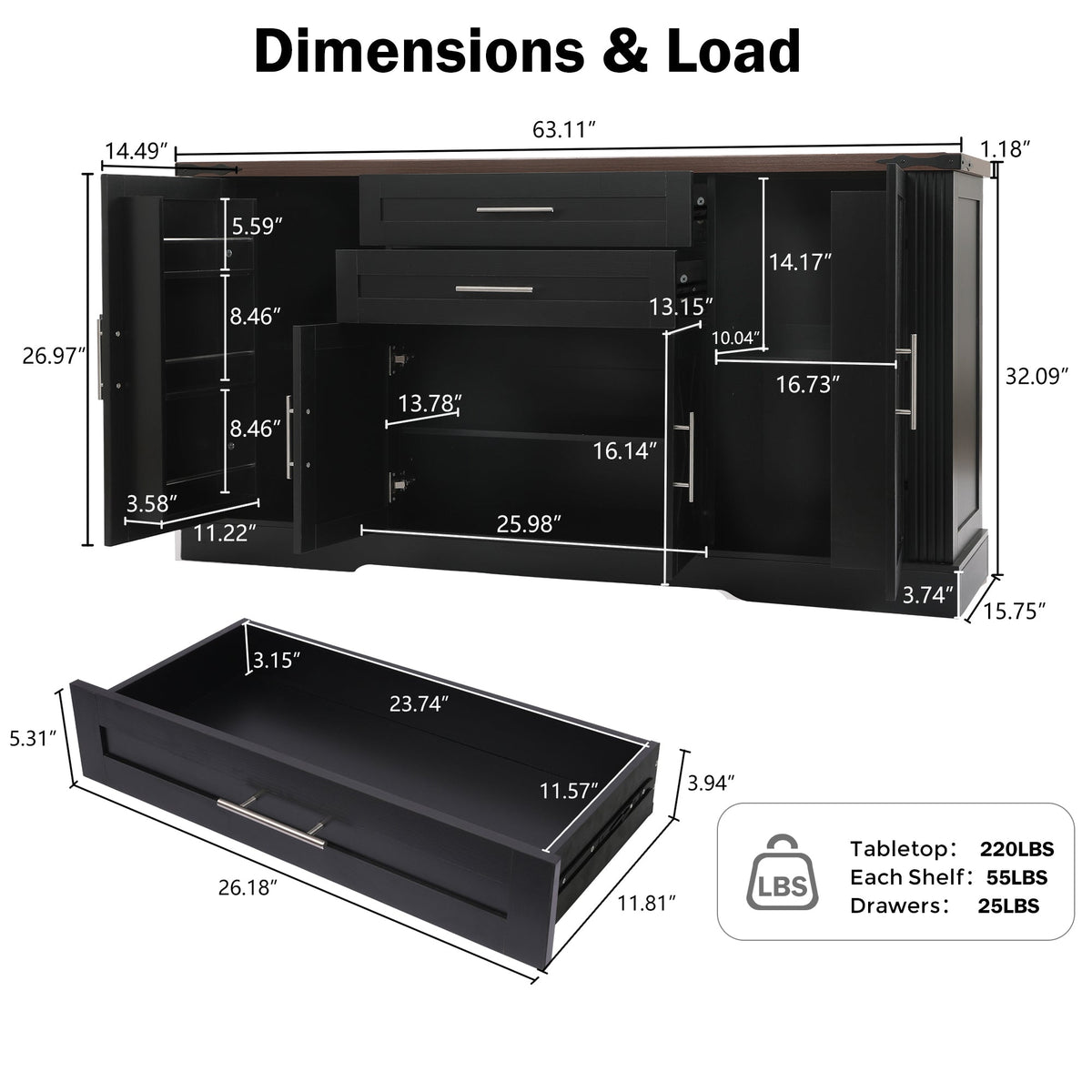 63" Farmhouse Barn Door Storage Cabinet with Drawers - Rustic MDF Sideboard