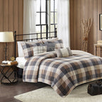 Printed Herringbone Quilt Set 6 Piece with Throw Pillows - Gray Plaid