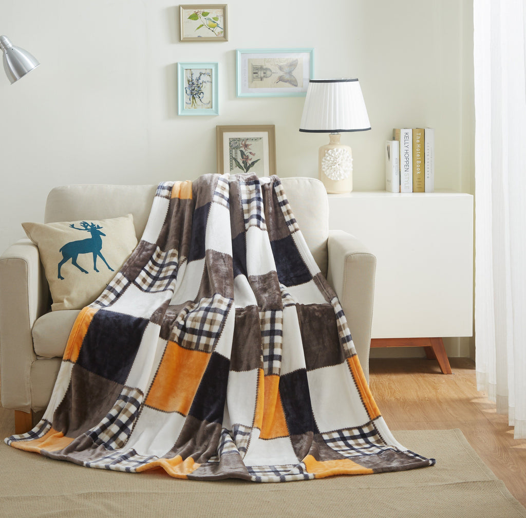 Tache Fall Orange Farmhouse Super Soft Micro Fleece Plaid Patchwork Plush Lightweight Bed Throw Blanket (4021) — product image