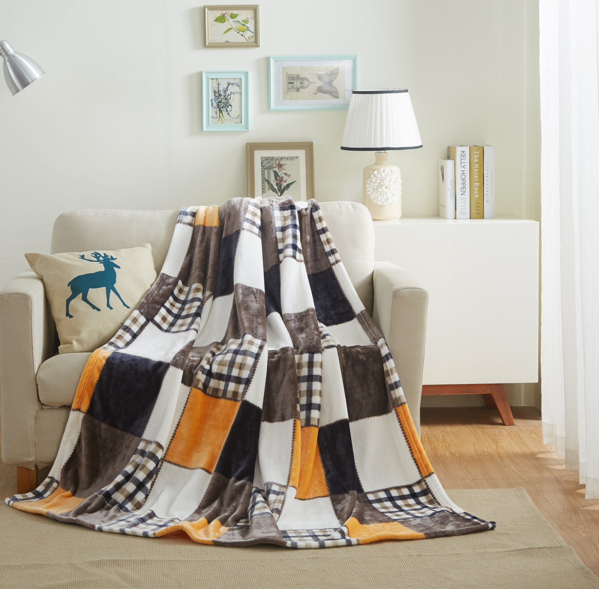 Tache Fall Orange Farmhouse Super Soft Micro Fleece Plaid Patchwork Plush Lightweight Bed Throw Blanket (4021) — product image
