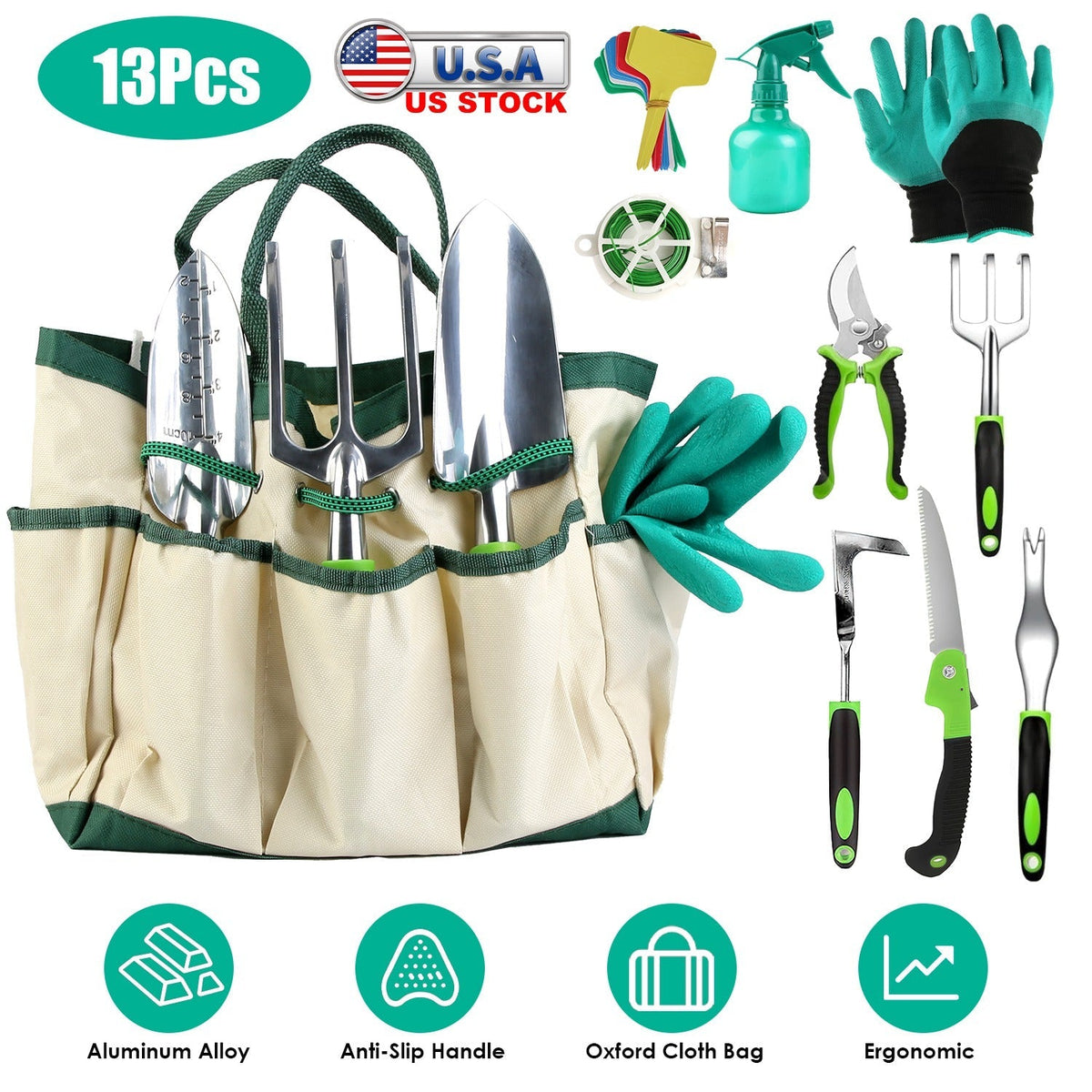 13Pcs Garden Tool Set Aluminum Alloy Gardening Hand Tools Starter Kit With Garden Bag Heavy Duty Outdoor Hand Tools With Non-Slip Ergonomic Handle For