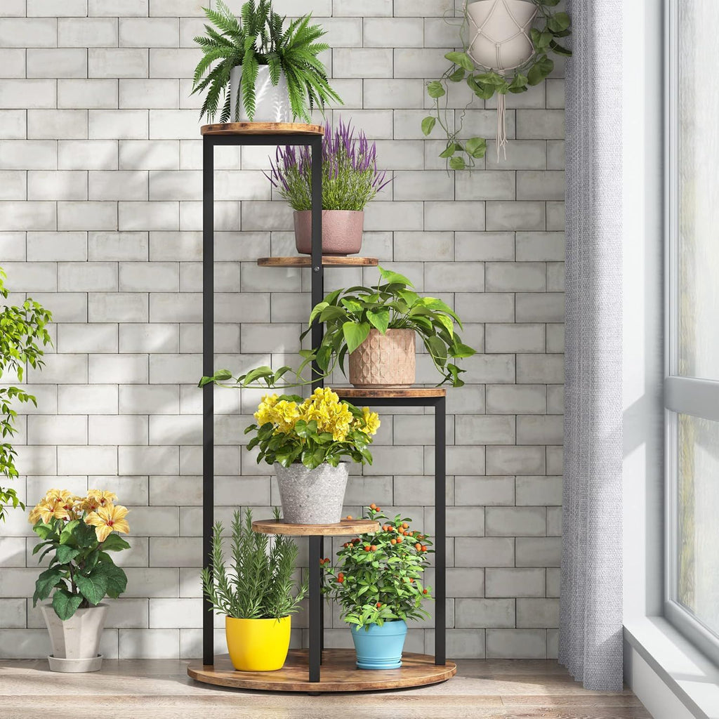 4 Tier Corner Plant Stand with Metal Frame - Rustic Brown