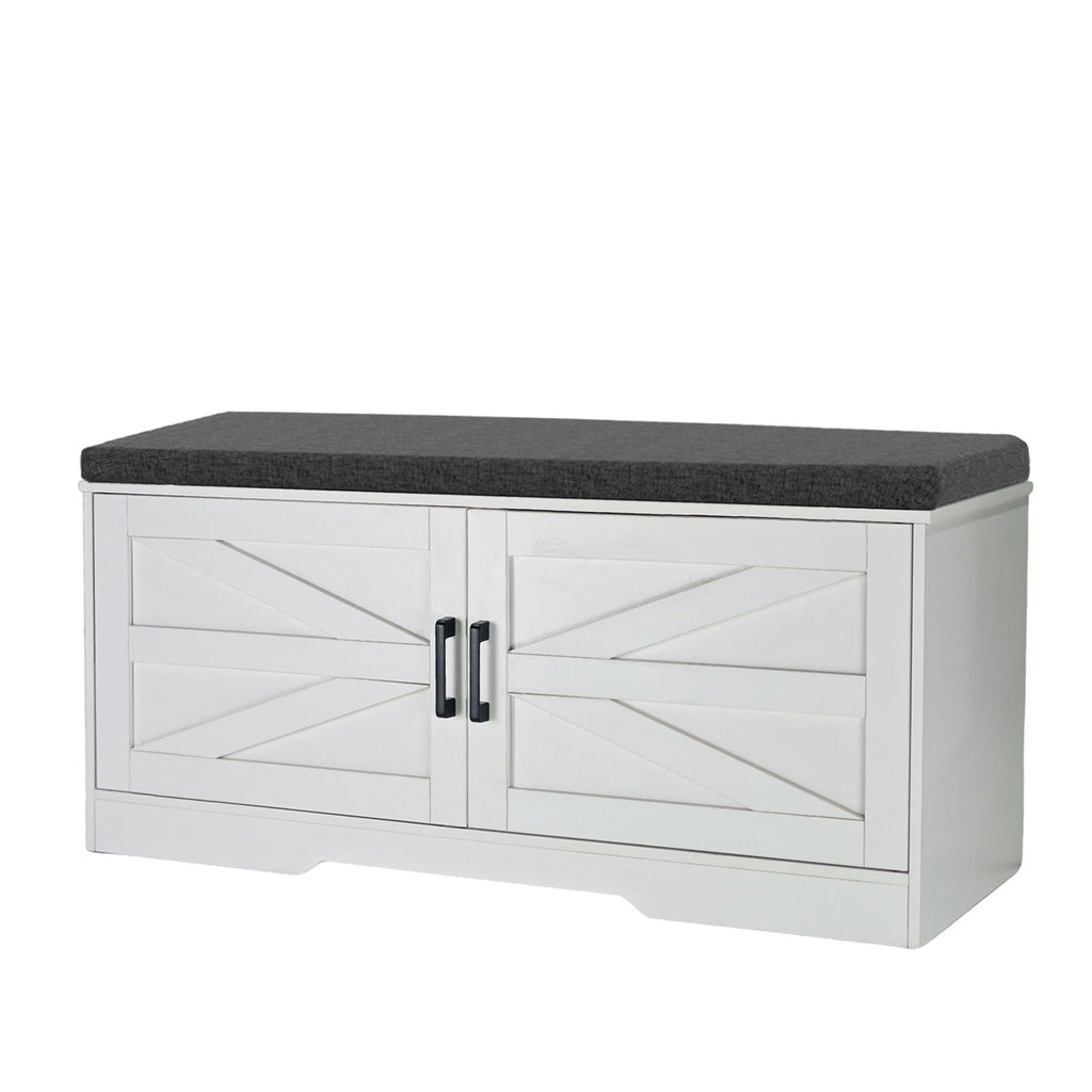 2 Tier Shoe Bench With Padded Seat, 2 Barn Doors And Adjustable Shelves, For Entryway And Living Room - White