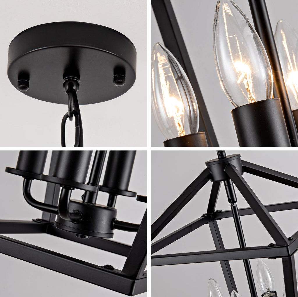 Farmhouse Lantern Chandelier 4-Light with Wrought Iron Accents - Matte Black