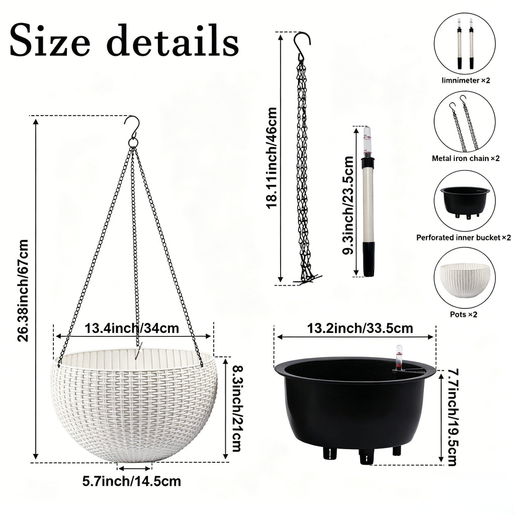 Self Watering Hanging Planter with Water Level Indicator - White, Black, or Dark Brown