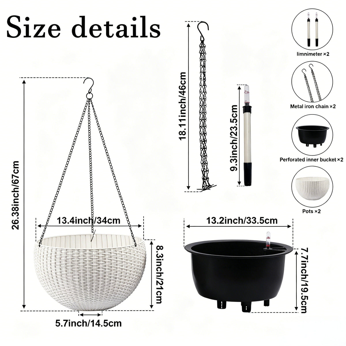 Self Watering Hanging Planter with Water Level Indicator - White, Black, or Dark Brown