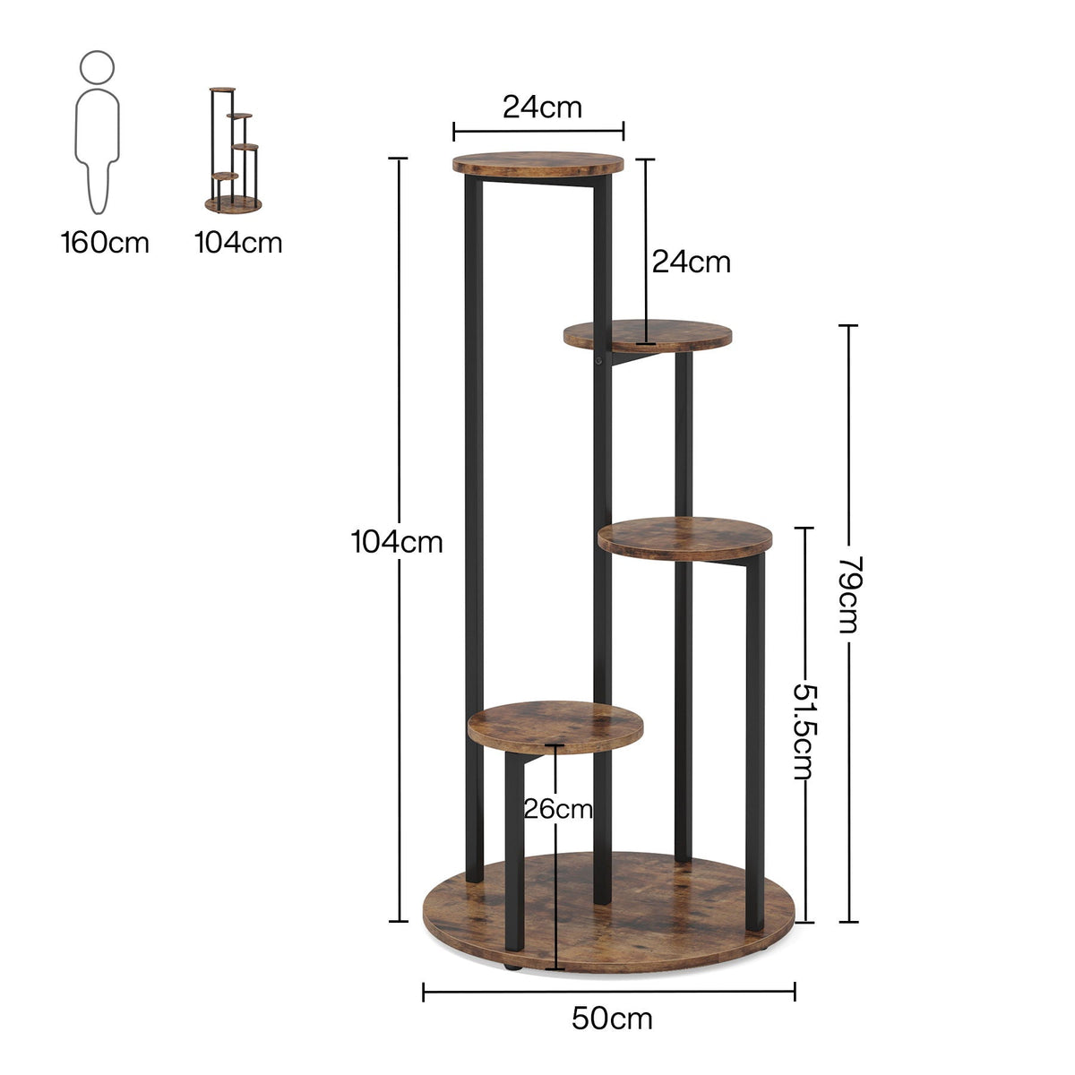 4 Tier Corner Plant Stand with Metal Frame - Rustic Brown