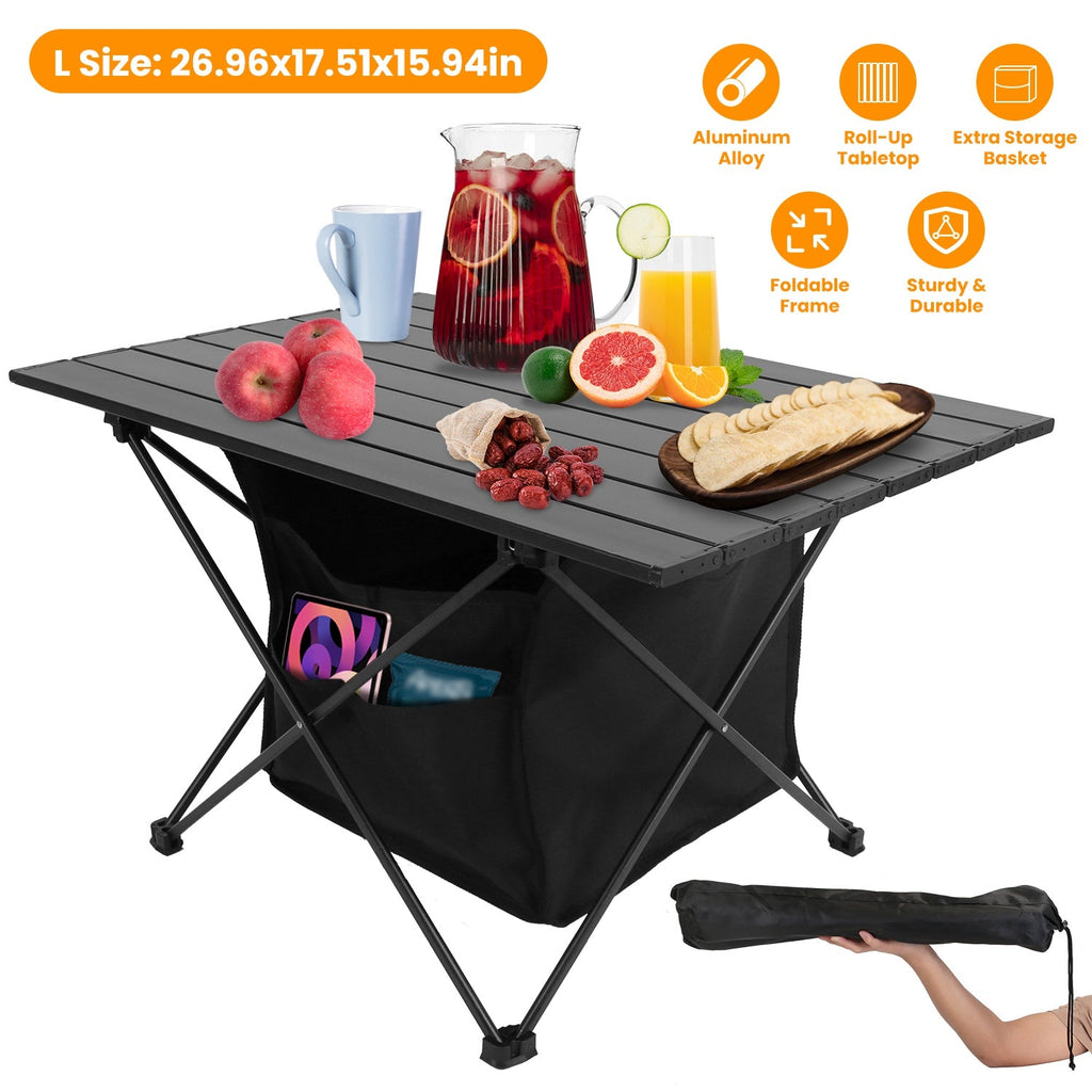 Foldable Camping Table With Storage Basket Rustproof Portable Aluminum Alloy Roll-Up Camping Table With Carrying Bag For Camping Hiking BBQ Picnic Fis