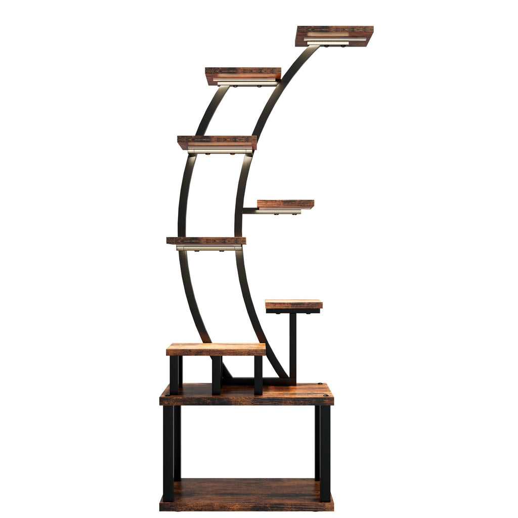 9 Tiered Indoor Plant Stand with 5 Adjustable Grow Lights - Light Brown