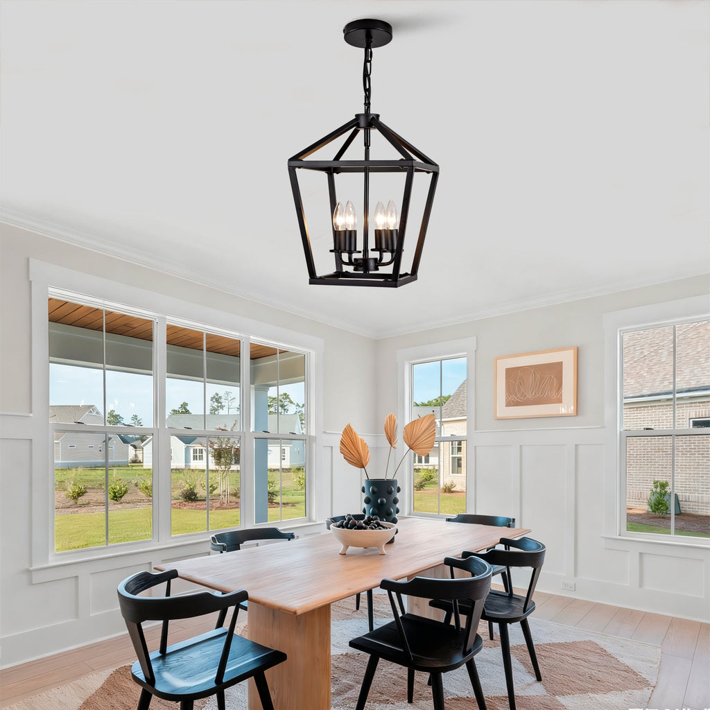 Farmhouse Lantern Chandelier 4-Light with Wrought Iron Accents - Matte Black