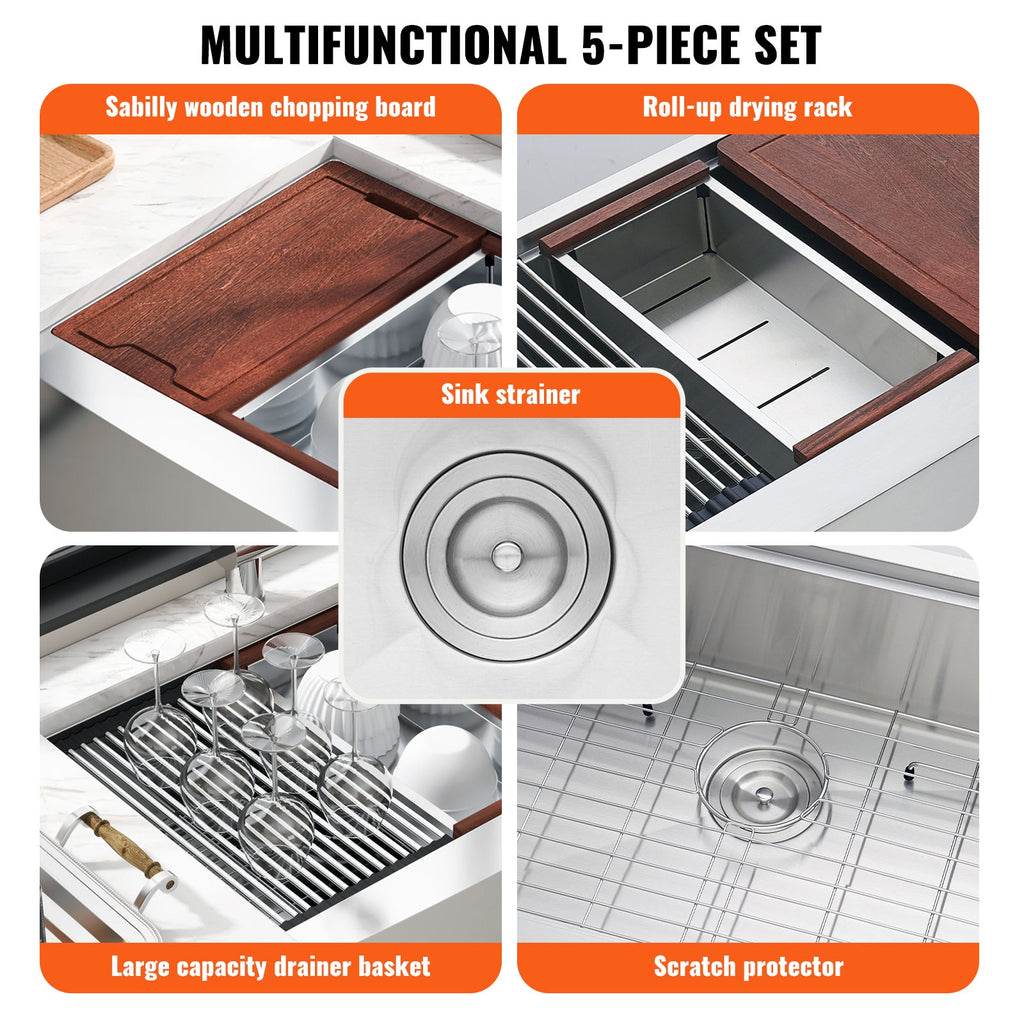Farmhouse Kitchen Sink, 304 Stainless Steel Drop-In Sinks, Single Bowl Basin with Ledge & Accessories, Household Dishwasher Sinks for Workstation, Prep Kitchen, and Bar Sink, 33 inch