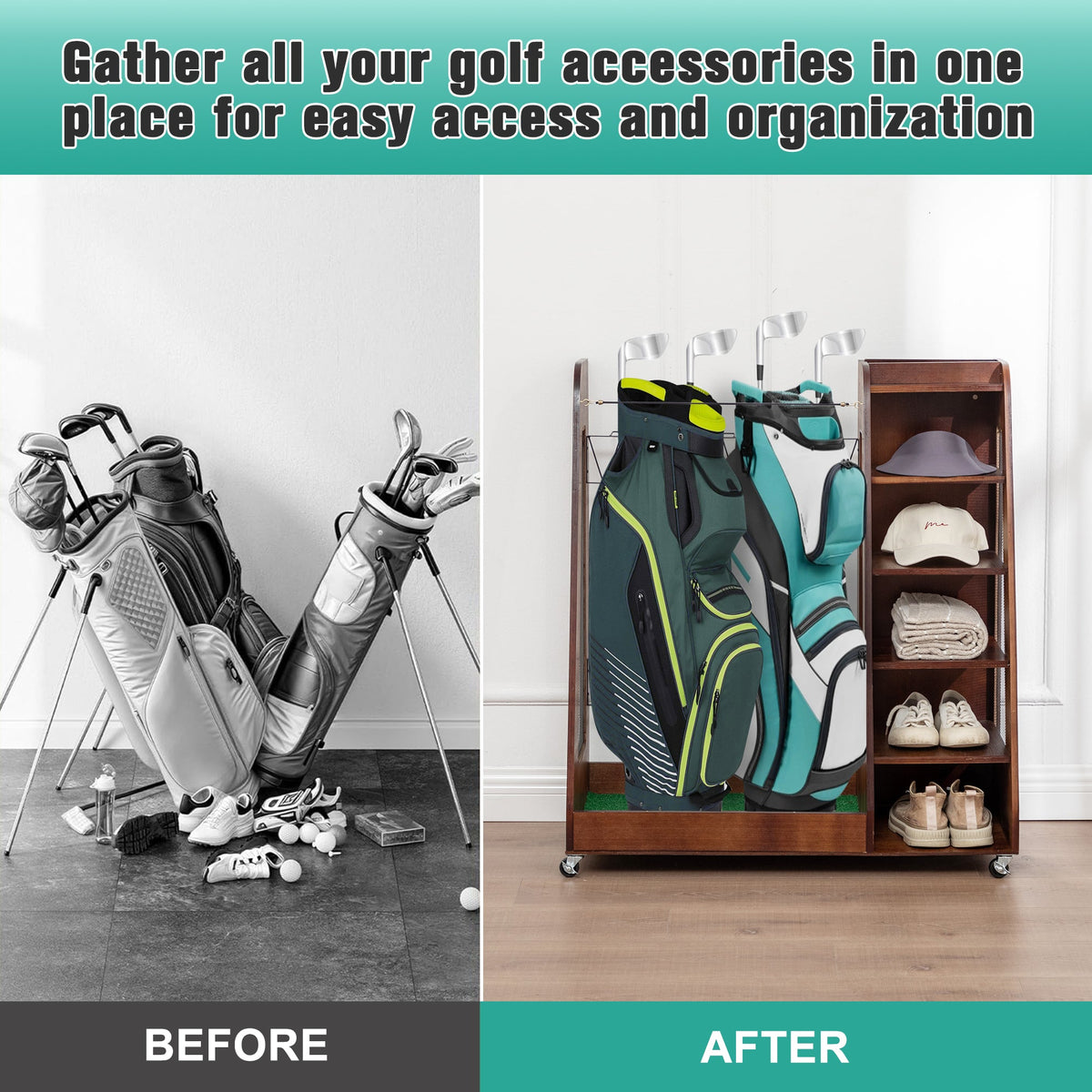 Premium Wooden Golf Bag Organizer with Two-Bag Capacity - Rustic Brown