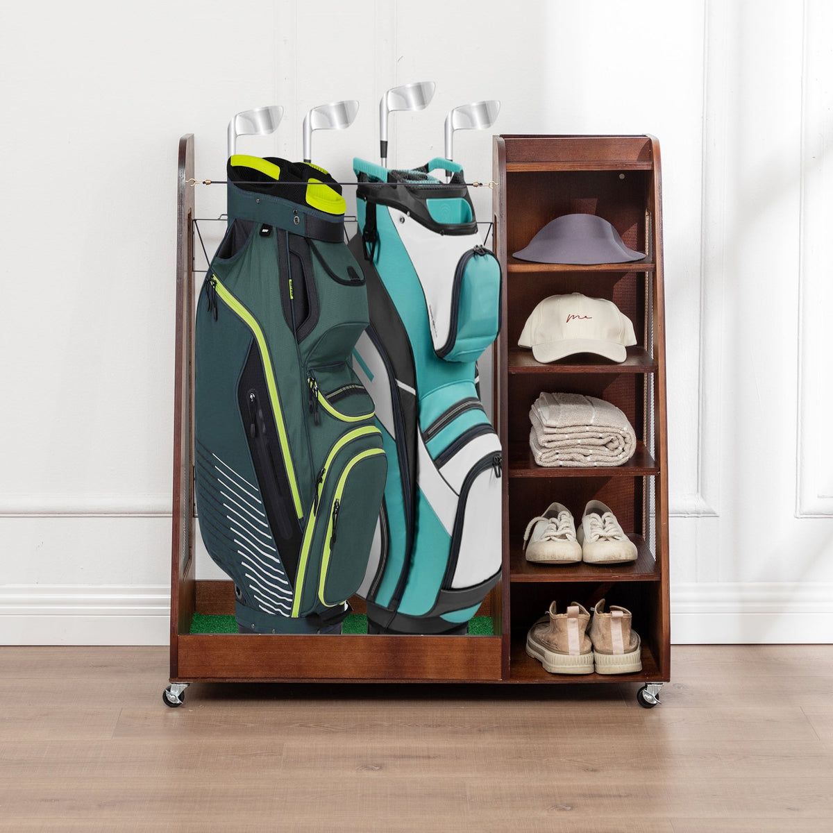 Premium Wooden Golf Bag Organizer with Two-Bag Capacity - Rustic Brown — product image