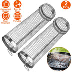 2Pcs 3.42x11.61Inch Portable BBQ Rolling Basket Round Stainless Steel Grill Mesh Barbecue Net Tube with Removable Cover Outdoor Camping