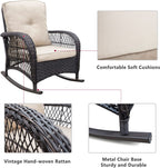 3 Pieces Outdoor Wicker Rocker Patio Bistro Set;  Rocking Glider Chairs with Premium Cushions and Armored Glass Top Side Table;  Elegant Wicker Patio Bistro Conversation Sets for Backyard
