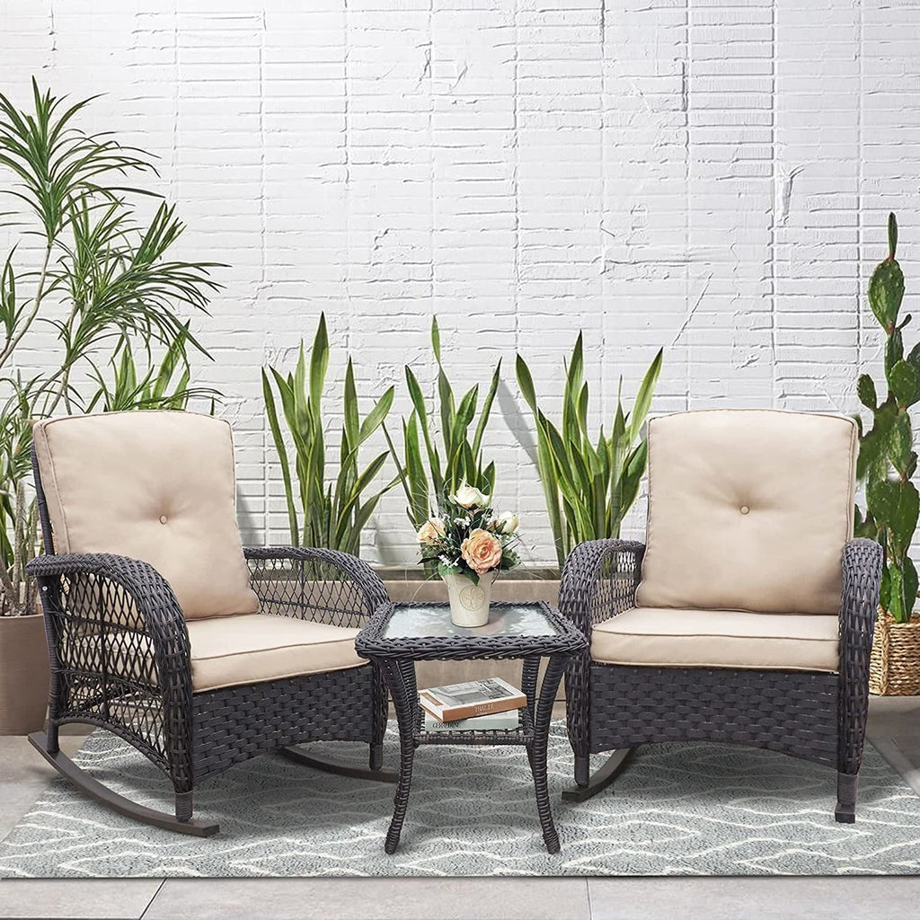3 Pieces Outdoor Wicker Rocker Patio Bistro Set; Rocking Glider Chairs with Premium Cushions and Armored Glass Top Side Table; Elegant Wicker Pat — product image