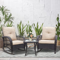 3 Pieces Outdoor Wicker Rocker Patio Bistro Set; Rocking Glider Chairs with Premium Cushions and Armored Glass Top Side Table; Elegant Wicker Pat — product image