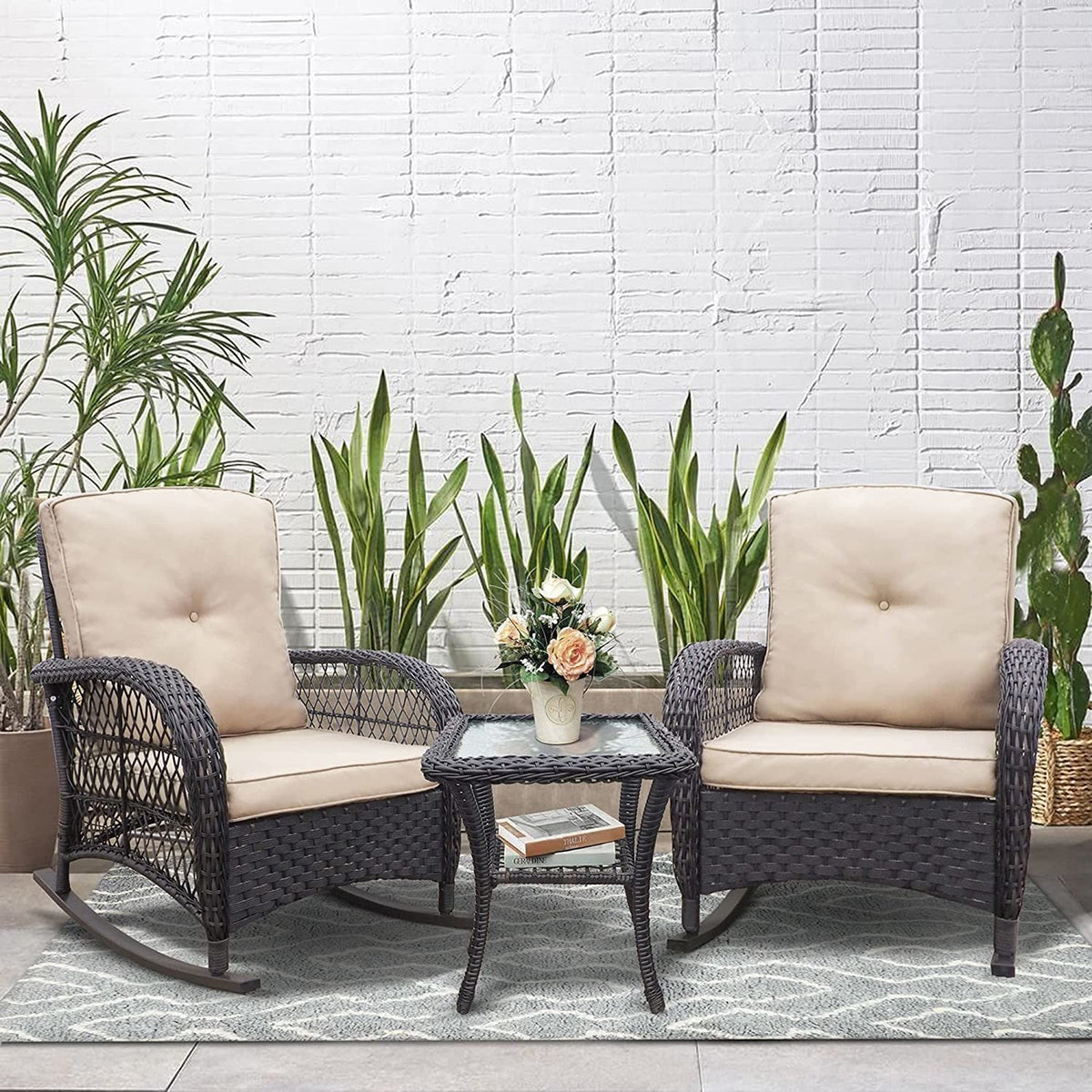 3 Pieces Outdoor Wicker Rocker Patio Bistro Set; Rocking Glider Chairs with Premium Cushions and Armored Glass Top Side Table; Elegant Wicker Pat — product image