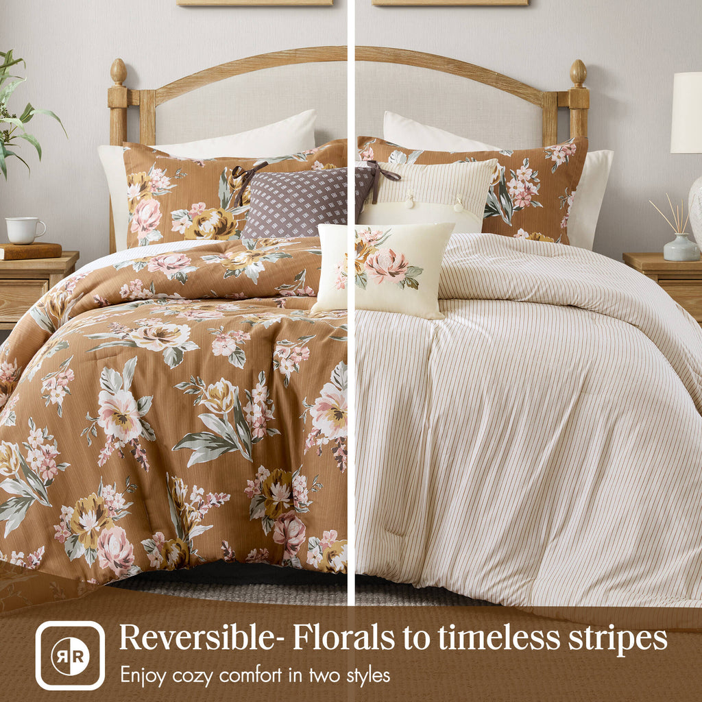 7-Piece Queen Vin Floral Comforter Set with Floral Design - Terracotta