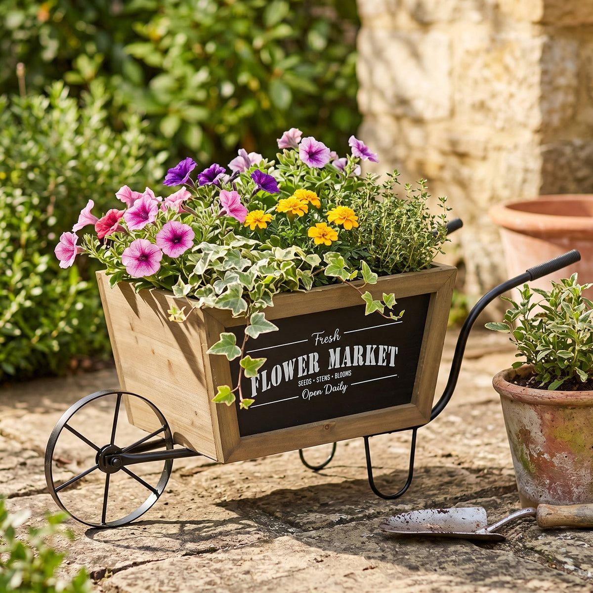 Farmhouse Wheelbarrow Planter with Flower Market Sign - Wood & Iron
