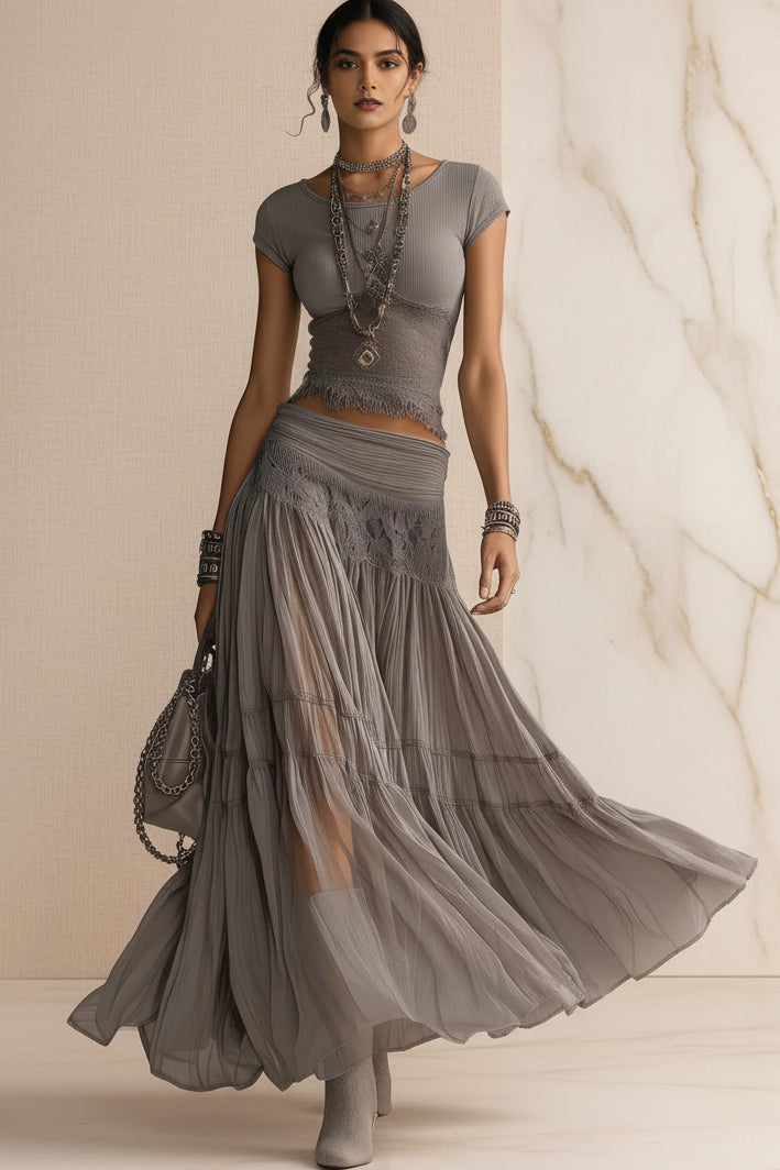 Women's Ribbed Knit Fringe-Hem Crop Top & Tiered Crinkle Chiffon Maxi Skirt Boho-Luxe Set — product image