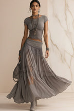 Women's Ribbed Knit Fringe-Hem Crop Top & Tiered Crinkle Chiffon Maxi Skirt Boho-Luxe Set — product image