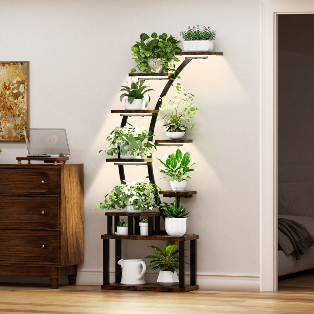 9 Tiered Indoor Plant Stand with 5 Adjustable Grow Lights - Light Brown