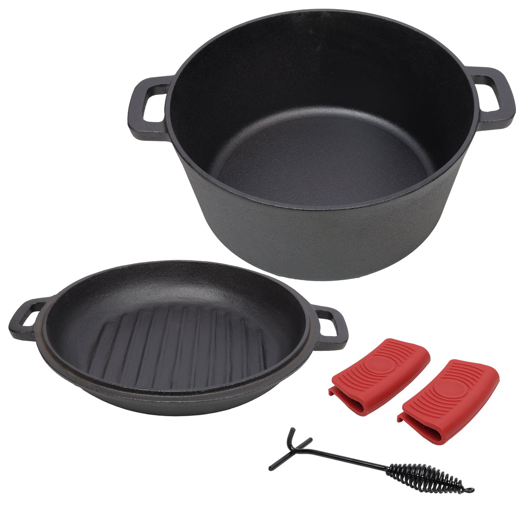 3 in 1 Pre-Seasoned Cast Iron Dutch Oven, Outdoor Camping Deep Pot, 5 Quart. Cover As A Skillet with Ribbed Bottom Design. With 2pcs Silicone Han — product image