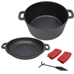 3 in 1 Pre-Seasoned Cast Iron Dutch Oven, Outdoor Camping Deep Pot, 5 Quart. Cover As A Skillet with Ribbed Bottom Design. With 2pcs Silicone Han — product image