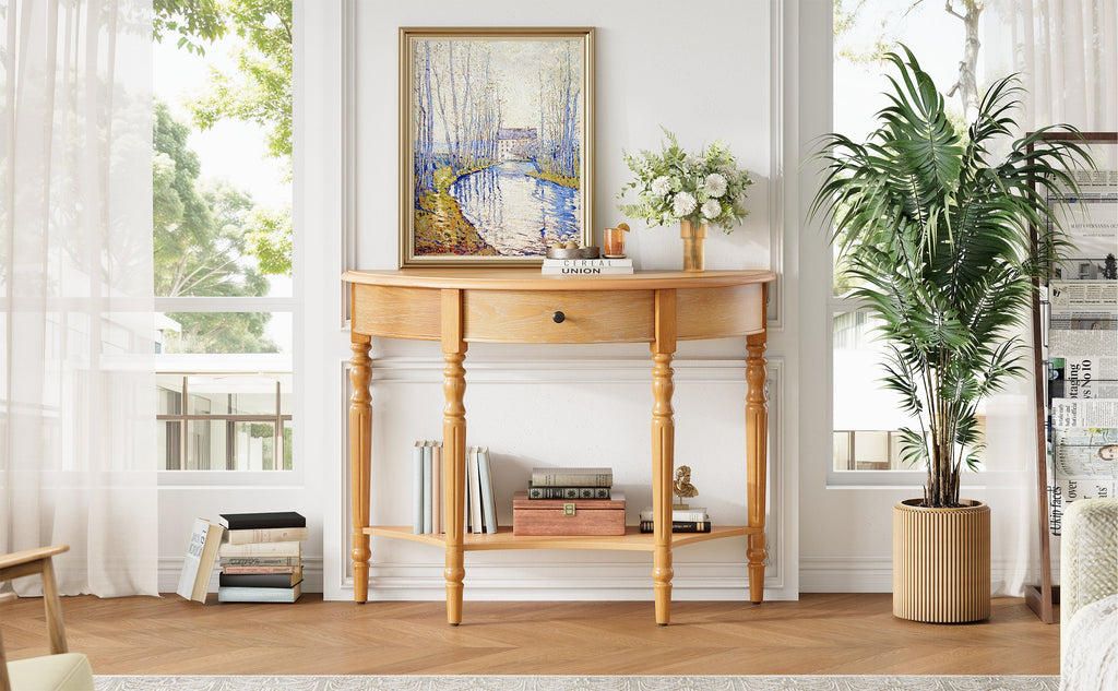 Farmhouse Half Moon Console Table with Drawer & Shelf - Rustic Finish