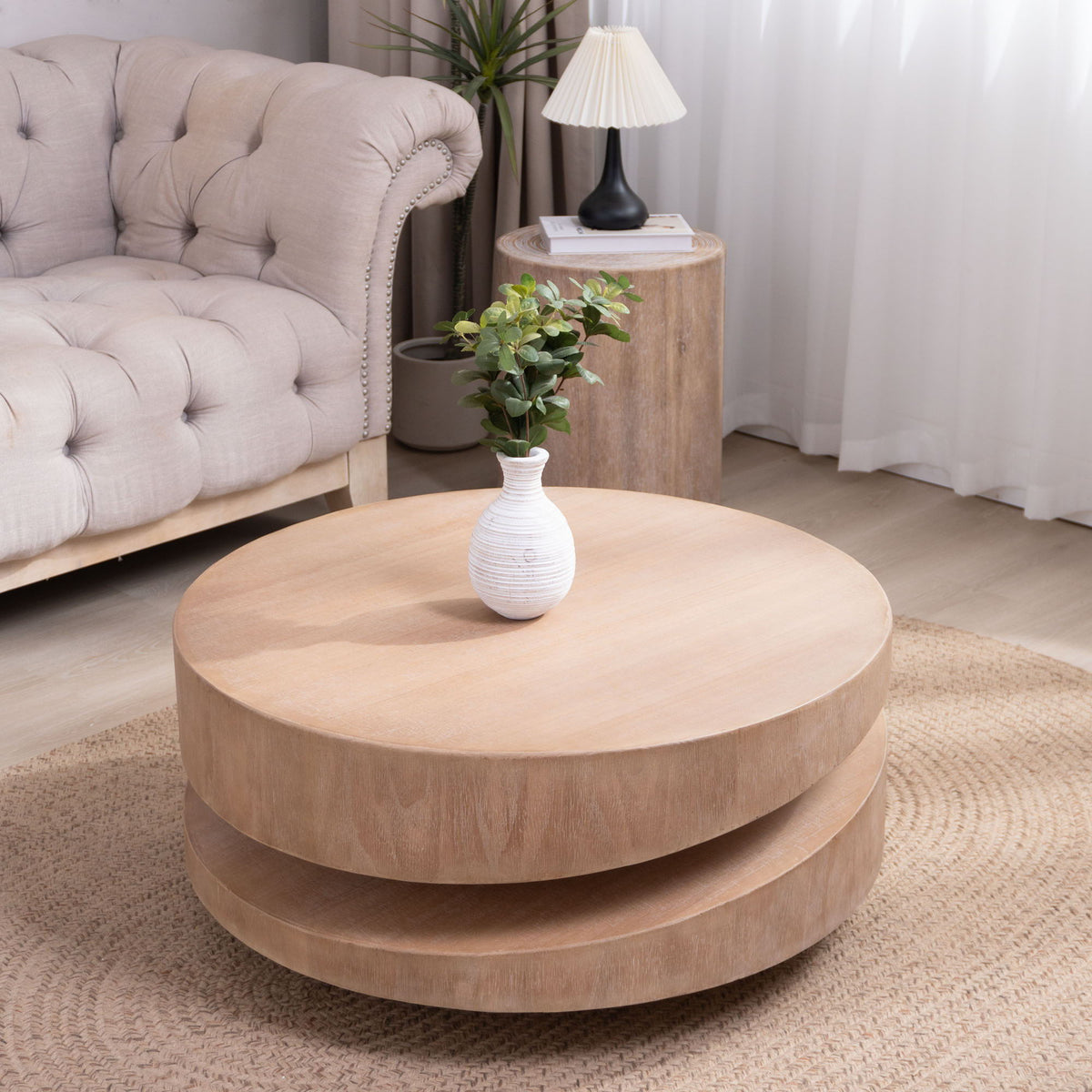 Modern Round Wood Coffee Table with Sculptural Two-Tier Design - Natural