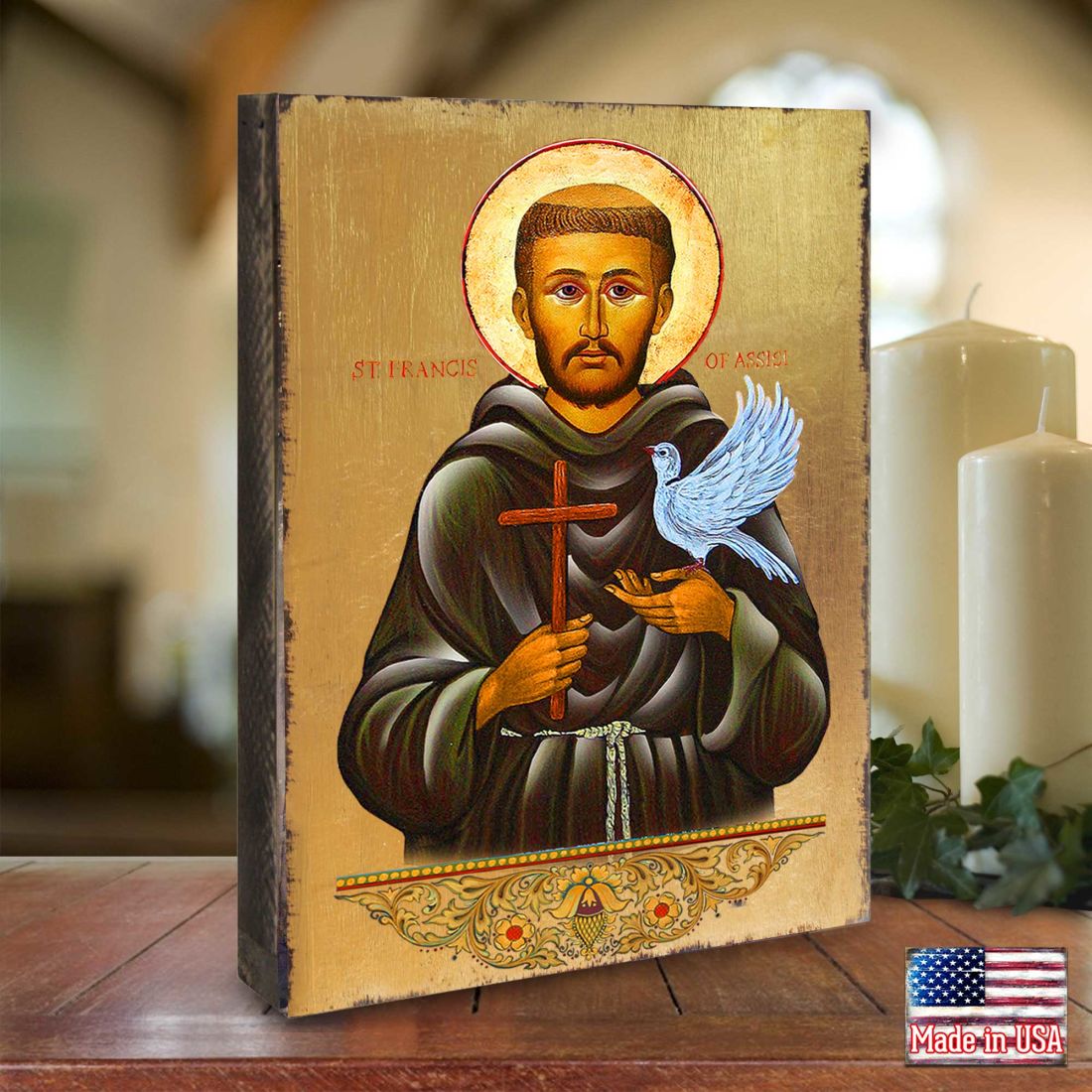 Saint Francis Wooden Gold Plated Religious Christian Sacred Icon - Inspirational Icon Decor - 85024