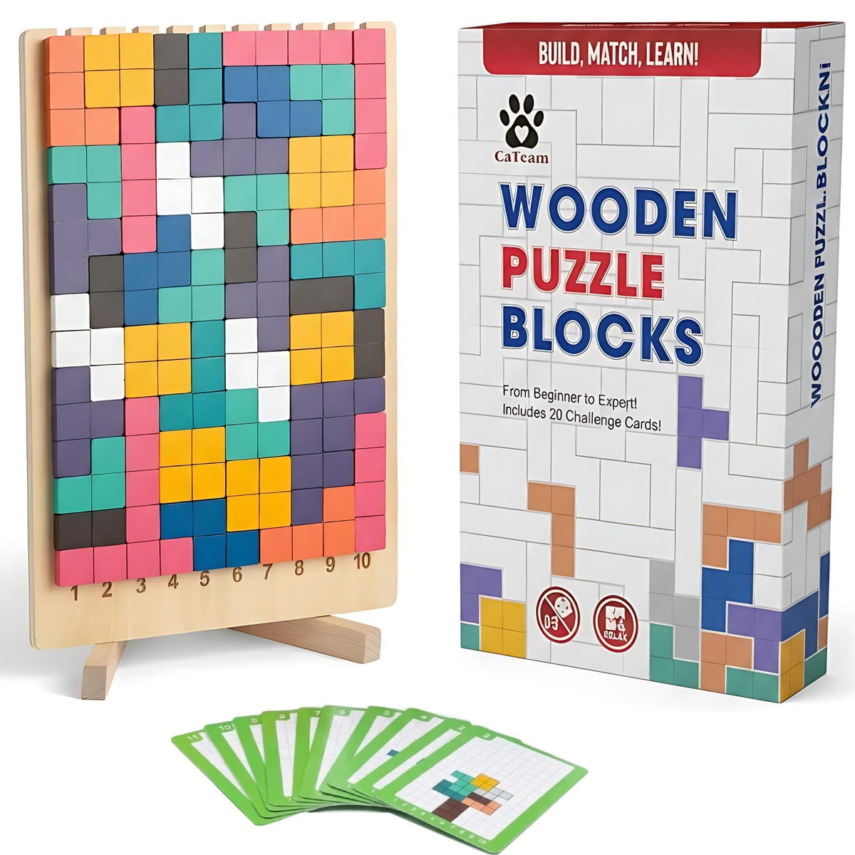 Wooden Puzzle Blocks Montessori Brain Blocks & Stacki Style 10 Challenge Cards Numbered Tray & Grid Guide Educational Game for Kids Ages 3 to 5 Russian Blocks Style Learning Game