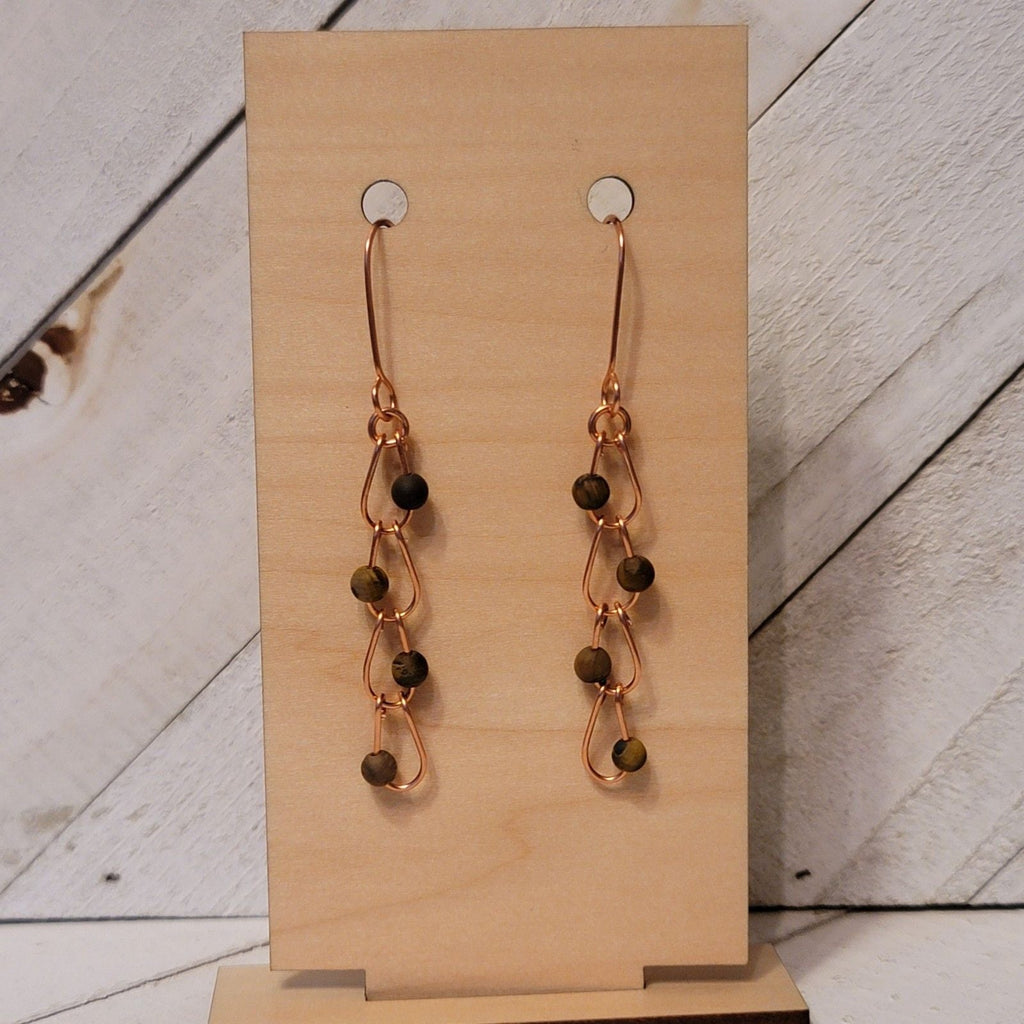 Tiger’s Eye Copper Chain Earrings – Handmade Gemstone Dangle 2.75"