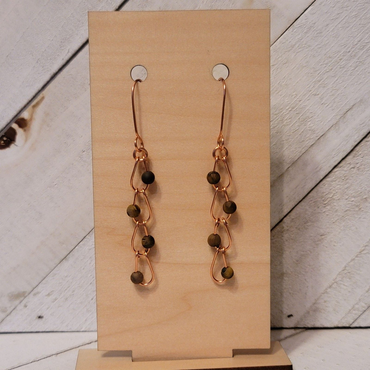 Tiger’s Eye Copper Chain Earrings – Handmade Gemstone Dangle 2.75"