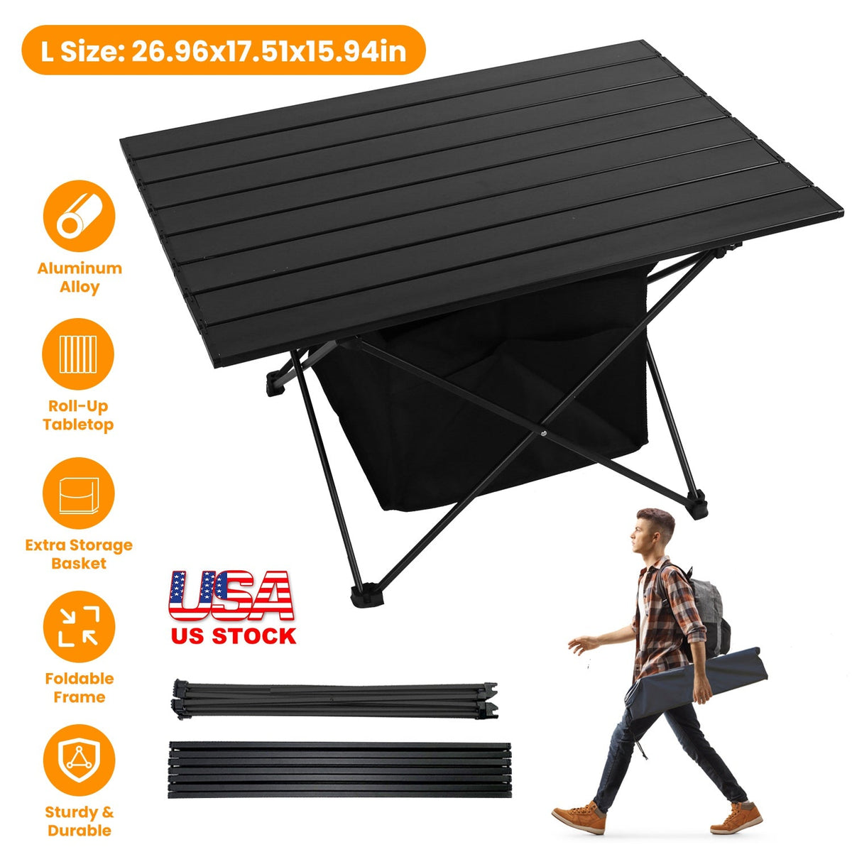 Foldable Camping Table With Storage Basket Rustproof Portable Aluminum Alloy Roll-Up Camping Table With Carrying Bag For Camping Hiking BBQ Picnic Fis