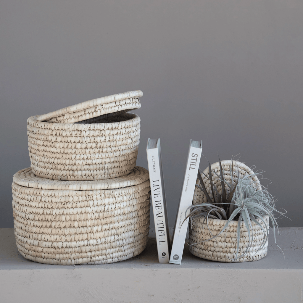 Hand-Woven Storage Baskets with Lids, Set of 3