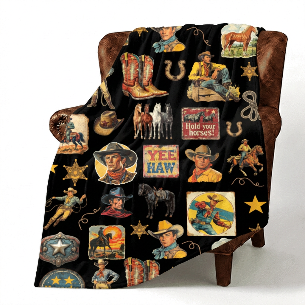 Baha Ranch Vintage Cowboy Collage Western Ultra Soft Minky Throw Blanket 60" x 80" Made in America — product image
