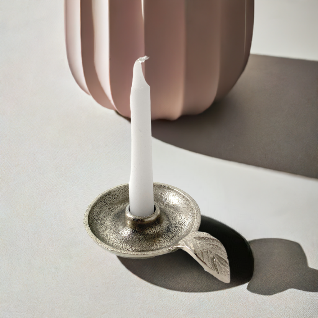 Vibhsa Taper Candlestick Holder Dish | Silver Finish, Leaf Handle, Handcrafted Aluminum — product image