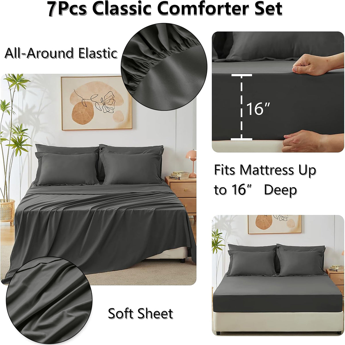 Hampton Ridge 7 Pc Comforter Set Bed in a Bag - Dark Grey