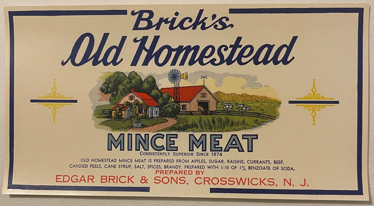 Antique Brick's Old Homestead Mince Meat Labels 🏡 Edgar Brick & Sons Crosswicks NJ 1910s-1930s Litho Set NOS