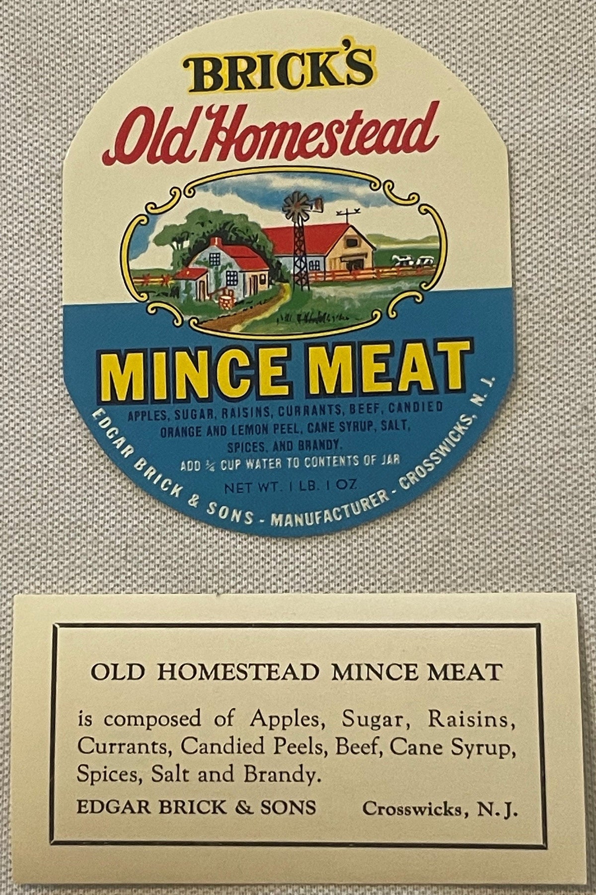 Antique Brick's Old Homestead Mince Meat Labels 🏡 Edgar Brick & Sons Crosswicks NJ 1910s-1930s Litho Set NOS