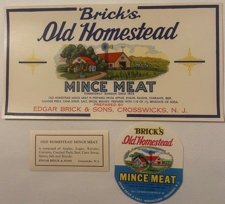 Antique Brick's Old Homestead Mince Meat Labels 🏡 Edgar Brick & Sons Crosswicks NJ 1910s-1930s Litho Set NOS