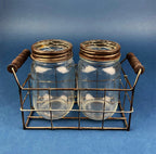 Collection of Rustic, Clear Glass Jars & Bottles with Metal Wire Baskets. Three Sets of Flower Vases or Candle Holders. Modern Farmhouse.