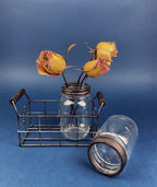 Collection of Rustic, Clear Glass Jars & Bottles with Metal Wire Baskets. Three Sets of Flower Vases or Candle Holders. Modern Farmhouse.