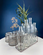 Collection of Rustic, Clear Glass Jars & Bottles with Metal Wire Baskets. Three Sets of Flower Vases or Candle Holders. Modern Farmhouse.
