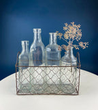 Collection of Rustic, Clear Glass Jars & Bottles with Metal Wire Baskets. Three Sets of Flower Vases or Candle Holders. Modern Farmhouse.