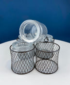 Collection of Rustic, Clear Glass Jars & Bottles with Metal Wire Baskets. Three Sets of Flower Vases or Candle Holders. Modern Farmhouse.