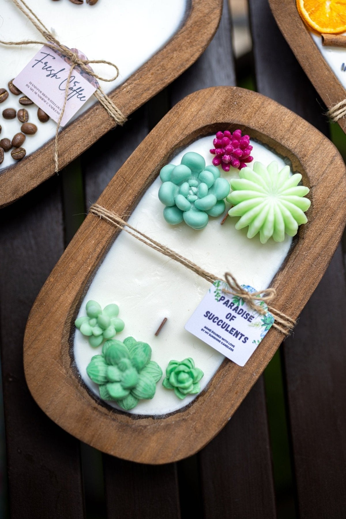 Large Succulent Dough Bowl Candle - Rustic Farmhouse Decor & Wood Wick Soy Candle — product photo 5